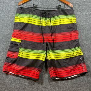 O'Neill Board Shorts Men's 38 Red/Yellow Striped Hook And Loop Drawstring Swim